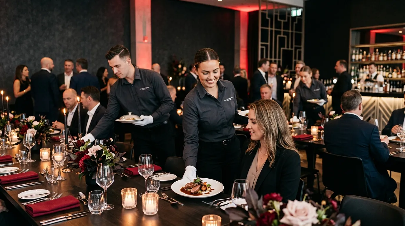 A premium editorial hero image showing a polished catering team in crisp uniforms serving elegant plated dishes at a modern corporate event, warm crimson accents, soft candlelight, charcoal background, professional hospitality mood, high contrast, luxury service atmosphere