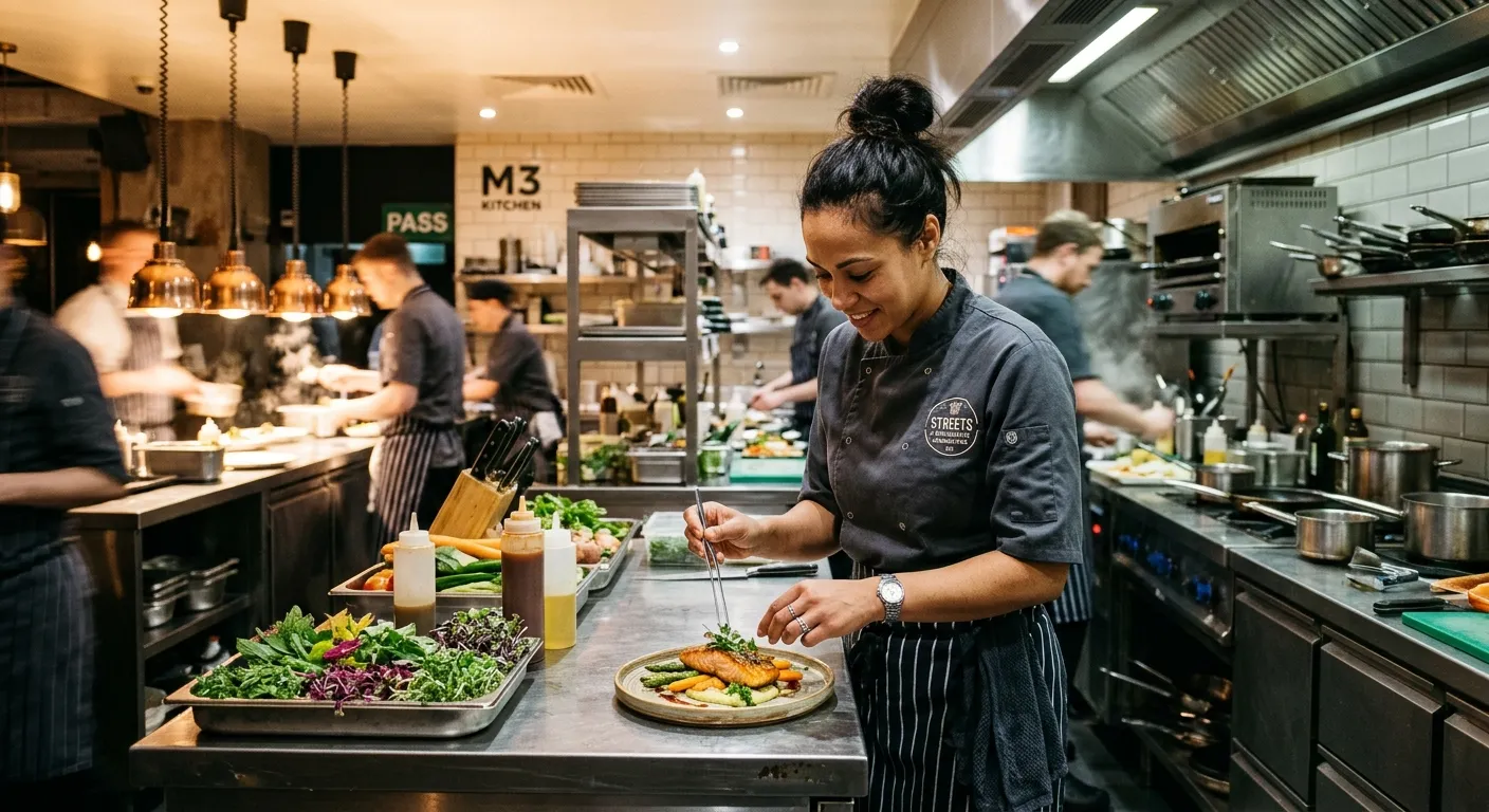 A professional chef de partie working in a busy Manchester M3 kitchen, warm lighting, modern hospitality style, confident and focused, with stainless steel surfaces and fresh ingredients, editorial photography mood.