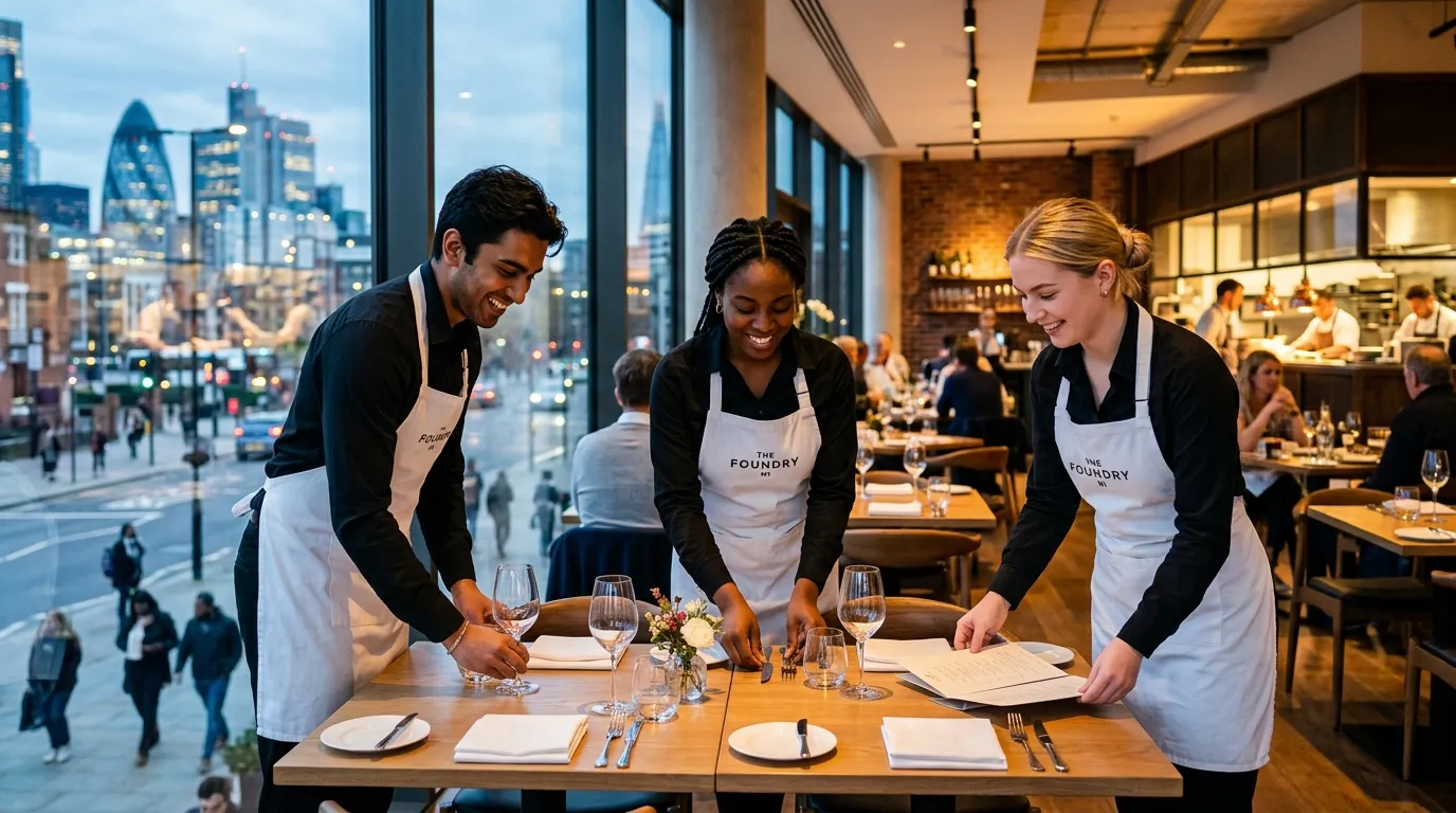 A professional, vibrant hero image showing a diverse team of restaurant assistants in a modern Londo... A professional, vibrant hero image showing a diverse team of restaurant assistants in a modern London N1 restaurant. They are smiling, dressed in crisp black and white uniforms, setting a table with precision. The mood is energetic, professional, and welcoming, with soft focus on the bustling cityscape through the window.