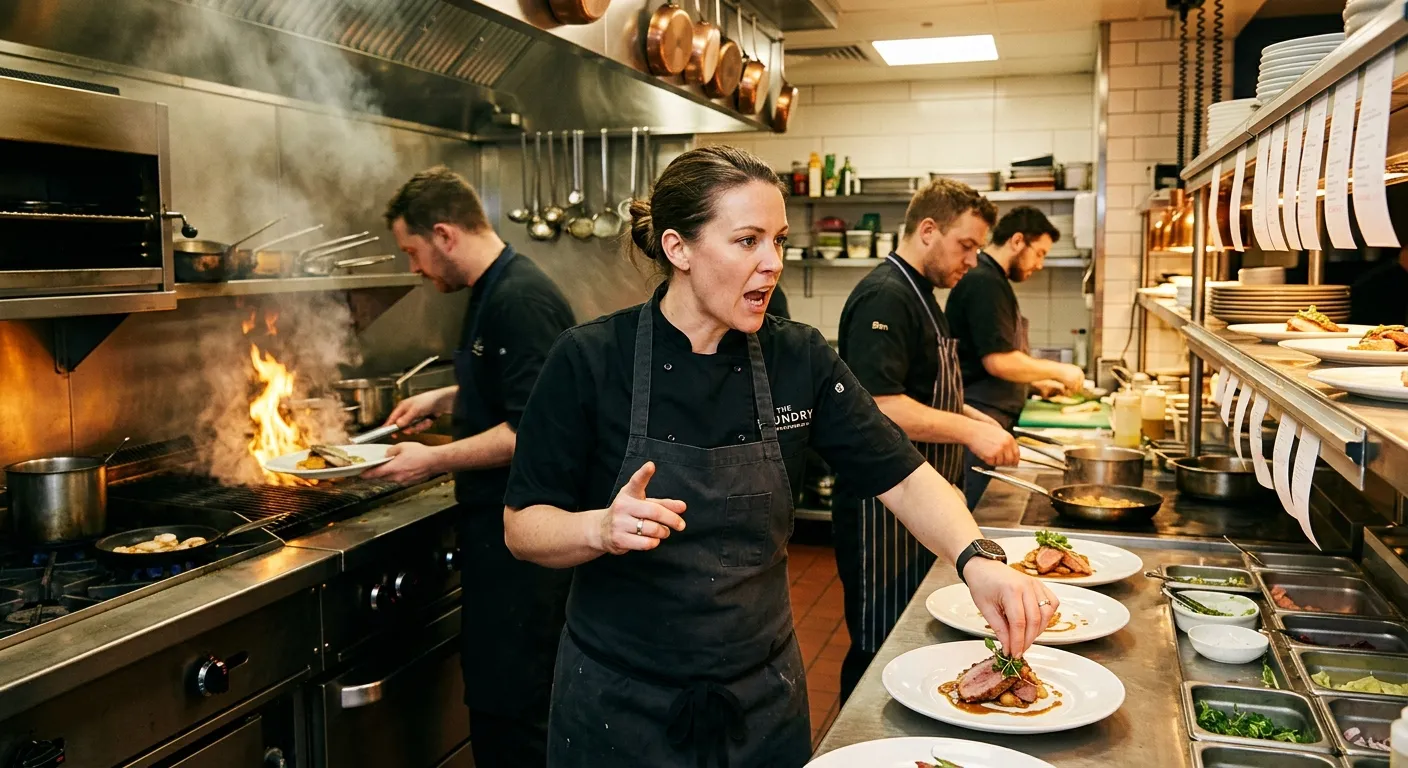 A dynamic, high-energy shot of a professional Sous Chef in a busy, spotless commercial kitchen, expediting dishes and managing a line of cooks. The mood is focused, professional, and authoritative. Warm, ambient lighting highlights the action.