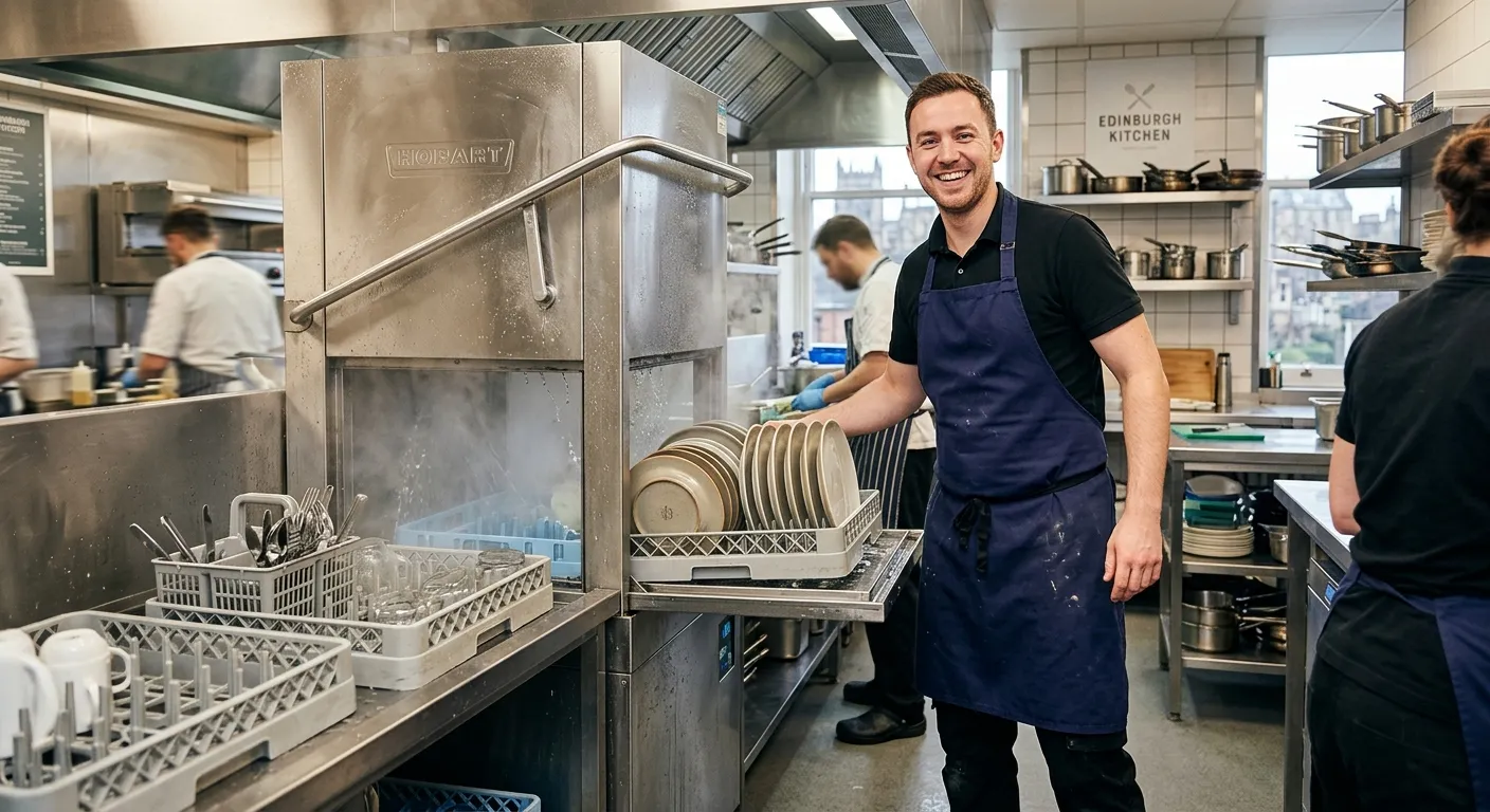 A professional, high-energy photograph of a Kitchen Porter in a modern, clean commercial kitchen in... A professional, high-energy photograph of a Kitchen Porter in a modern, clean commercial kitchen in Edinburgh. They are smiling, wearing a crisp apron, and efficiently loading a commercial dishwasher. The style is warm and inviting, with a focus on the practical, essential nature of the role.