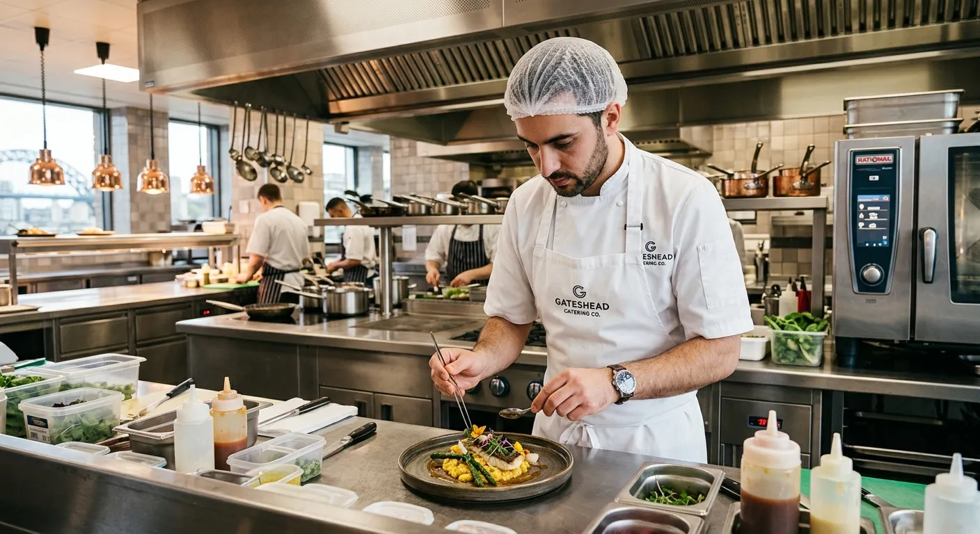 A professional, well-lit kitchen in Gateshead, featuring a Sous Chef in crisp whites plating an eleg... A professional, well-lit kitchen in Gateshead, featuring a Sous Chef in crisp whites plating an elegant dish. The atmosphere is focused and professional, showcasing modern catering equipment.