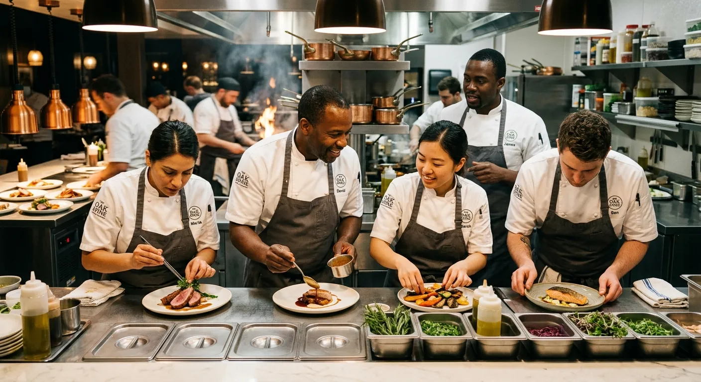 A professional, high-energy kitchen scene with a diverse team of chefs in crisp whites collaborating... A professional, high-energy kitchen scene with a diverse team of chefs in crisp whites collaborating over a modern pass. Focus on skill, precision, and teamwork. Warm, inviting lighting.