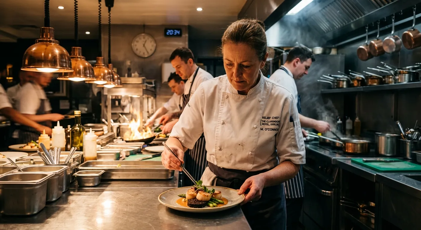A dynamic, professional kitchen scene in a high-end Irish hotel or restaurant, featuring a relief ch... A dynamic, professional kitchen scene in a high-end Irish hotel or restaurant, featuring a relief chef in crisp whites confidently plating a dish. Moody lighting, warm tones, sense of urgency and skill.
