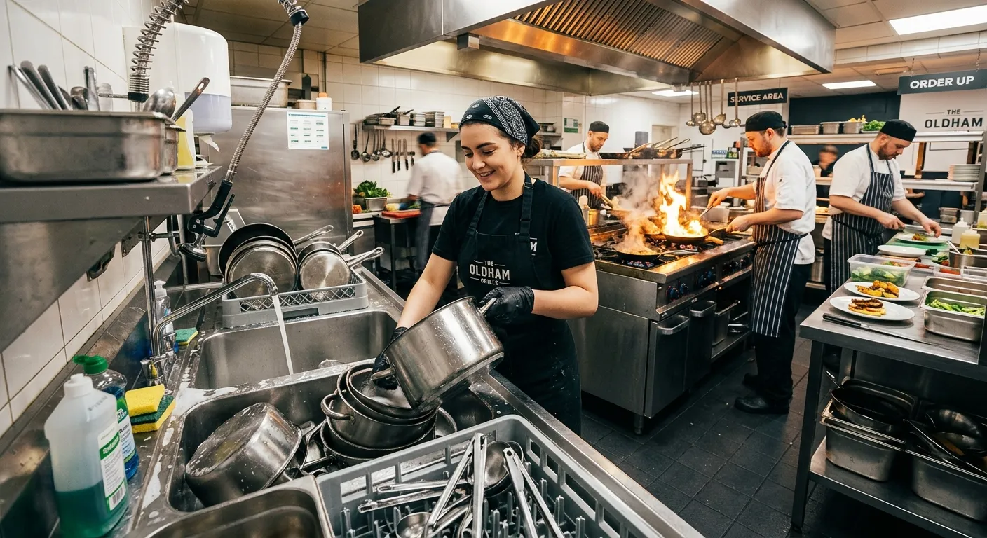 A dynamic, wide-angle photo inside a bustling commercial kitchen in Oldham during a lunch service. A... A dynamic, wide-angle photo inside a bustling commercial kitchen in Oldham during a lunch service. A Kitchen Assistant in the foreground is efficiently washing a large stack of pots, while chefs in the background are cooking at a fiery range. The image conveys teamwork, energy, and a spot-clean environment.