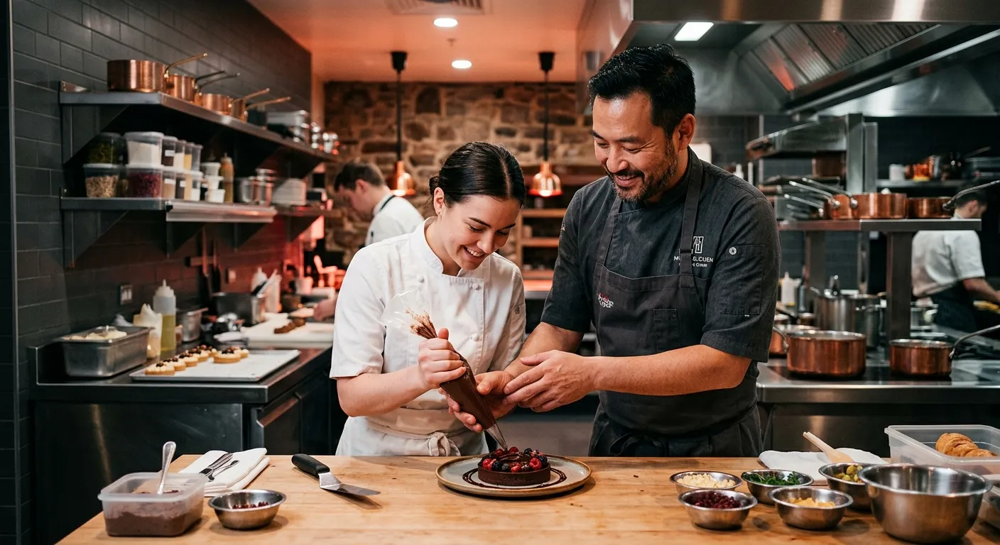 A modern professional kitchen with a head chef mentoring a pastry sous chef, warm crimson and charcoal tones, cinematic hospitality photography, confident and welcoming mood