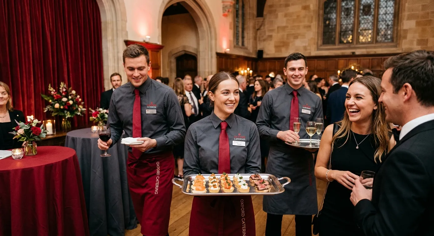 Professional catering staff serving elegant food at an Oxford venue, warm crimson and charcoal desig... Professional catering staff serving elegant food at an Oxford venue, warm crimson and charcoal design, confident hospitality team, bright event atmosphere