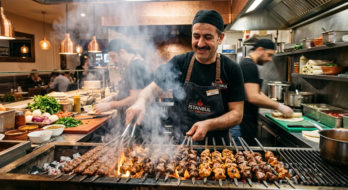 A professional, high-energy shot of a skilled kebab chef expertly grilling meat in a busy, well-lit restaurant kitchen. The chef is in action, smoke rising from the grill, showcasing skill and speed. Warm, inviting tones.