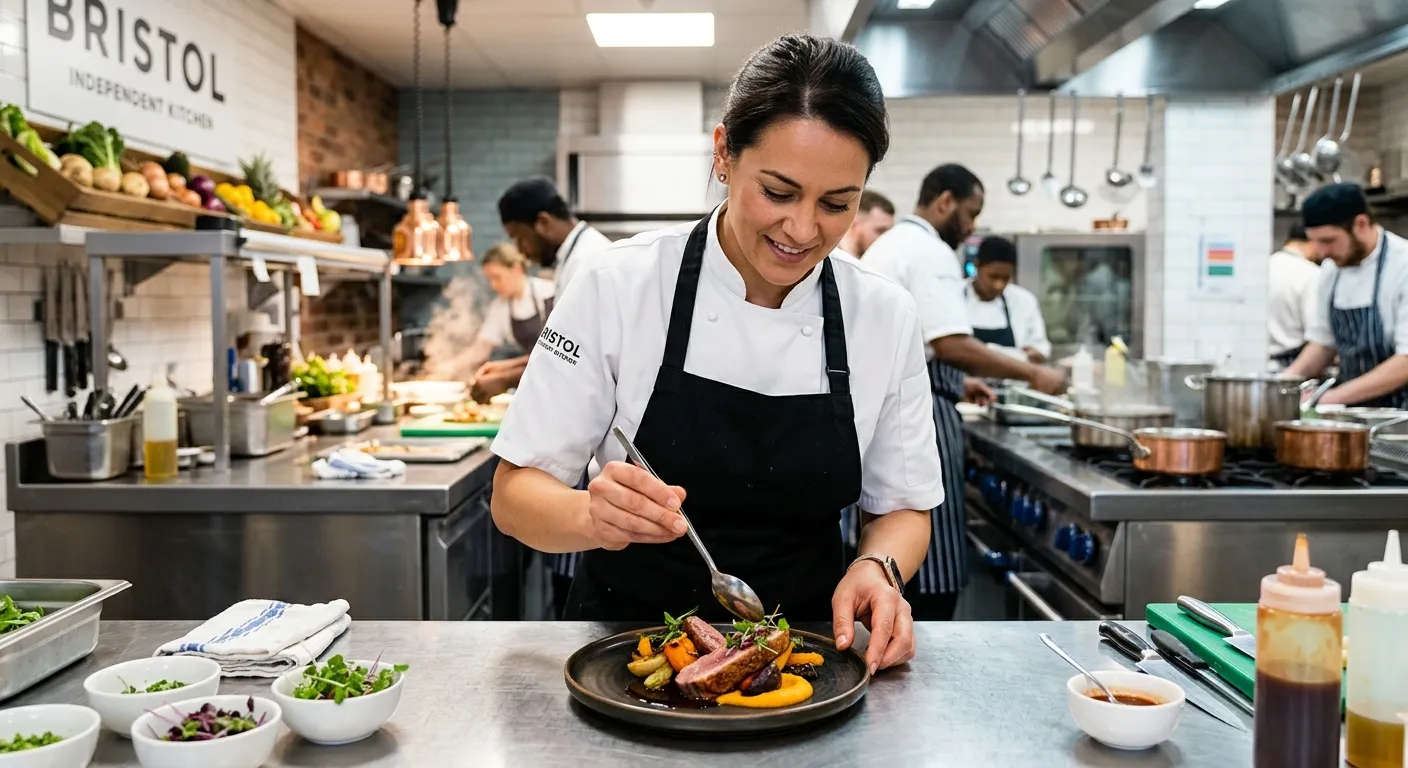 A professional, vibrant photo of a Chef in a modern Bristol kitchen, expertly plating a dish. The atmosphere is bright, energetic, and professional, showcasing the high-standard work environment.