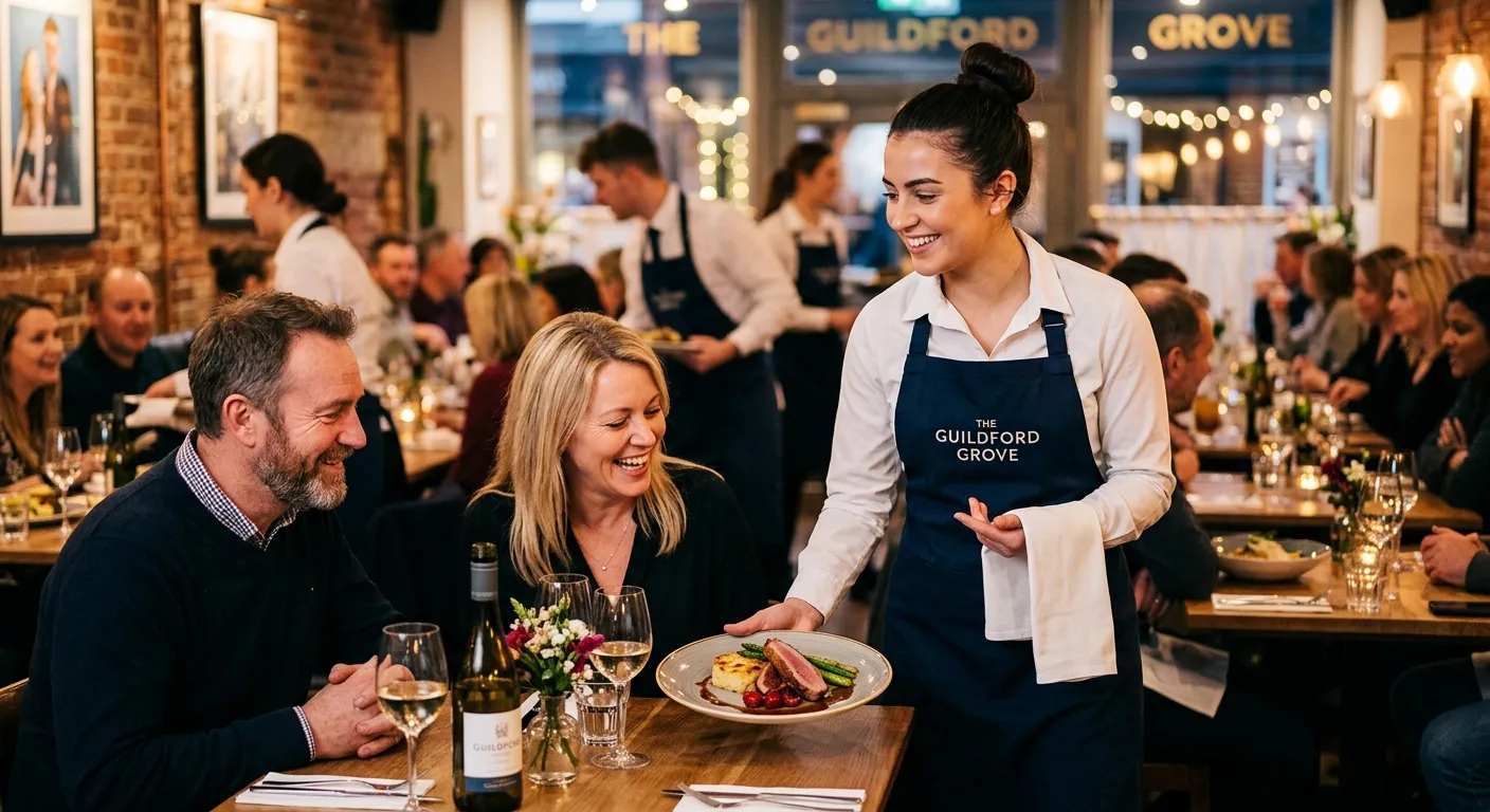 A professional, welcoming photo of a smiling waiter or waitress in a busy restaurant or event settin... A professional, welcoming photo of a smiling waiter or waitress in a busy restaurant or event setting in Guildford, presenting a dish to a table. The image should convey hospitality, energy, and a professional, locally-relevant atmosphere.