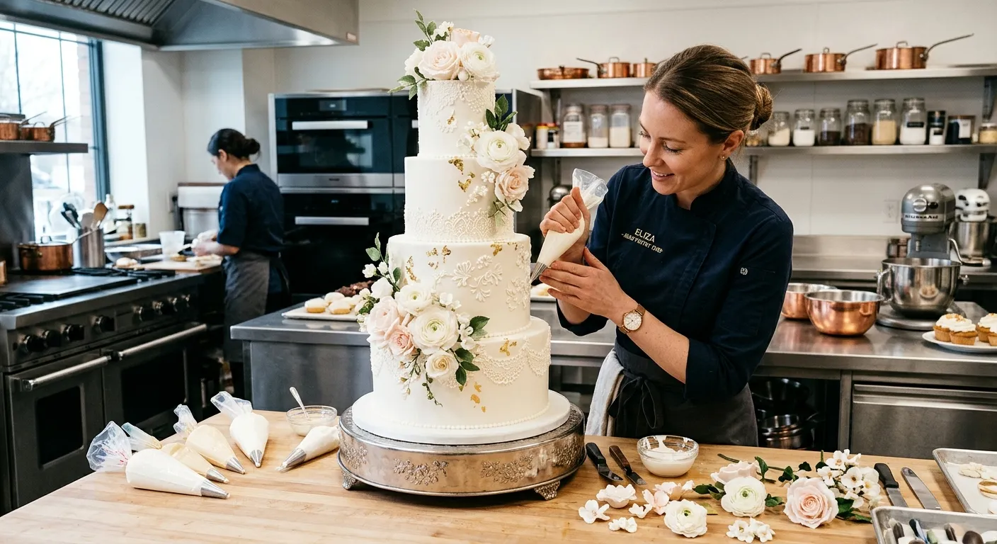 A high-end, professional kitchen with a skilled pastry chef meticulously decorating an elaborate wedding cake. Mood is elegant, focused, and vibrant, showcasing culinary artistry.