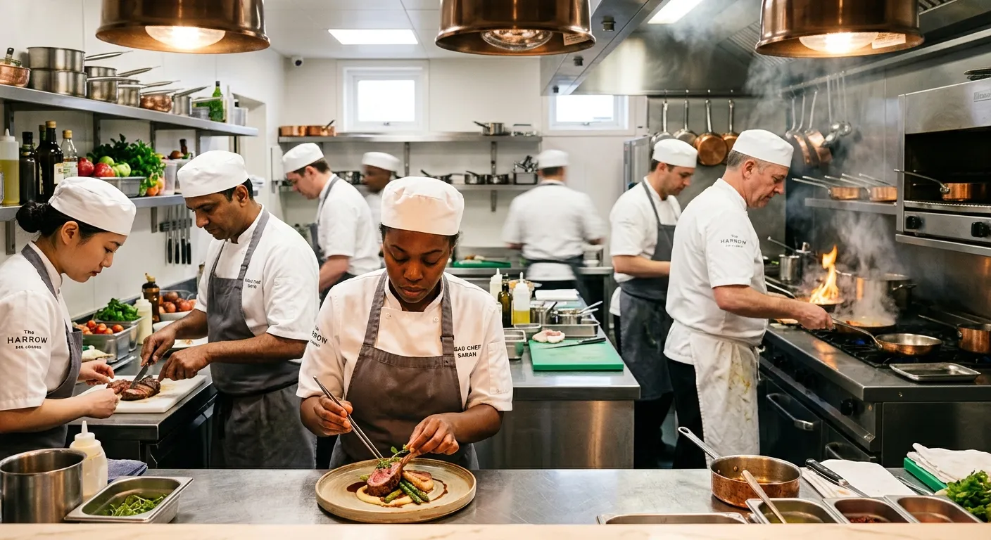 A high-energy, professional kitchen in a top London restaurant, featuring a diverse team of chefs in... A high-energy, professional kitchen in a top London restaurant, featuring a diverse team of chefs in crisp whites working in harmony. Focus on sharp, vibrant details and a sense of elite culinary skill.