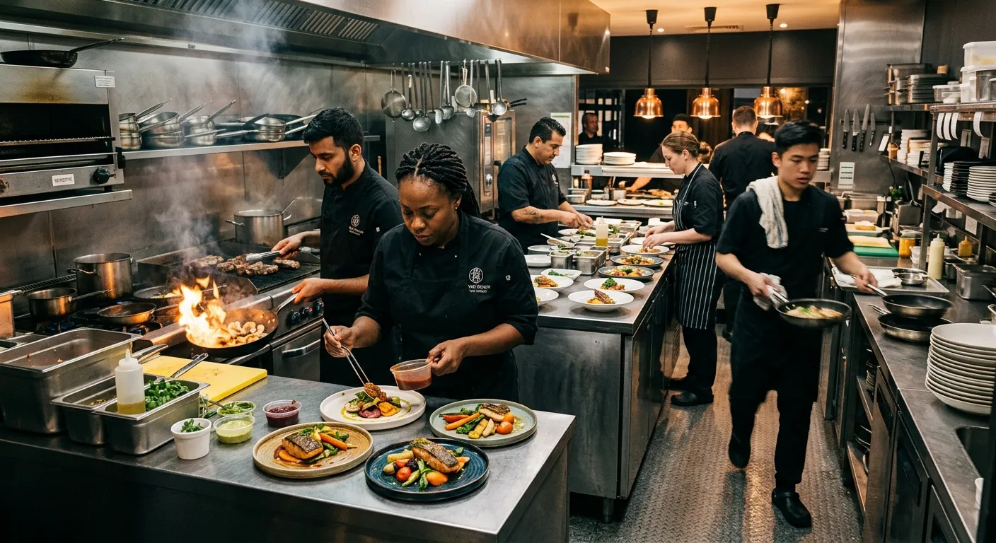 A high-energy, professional kitchen scene. A diverse team of chefs and kitchen porters work efficiently in a modern, stainless-steel commercial kitchen. Focus on action, teamwork, and vibrant food presentation. Moody lighting with warm highlights.