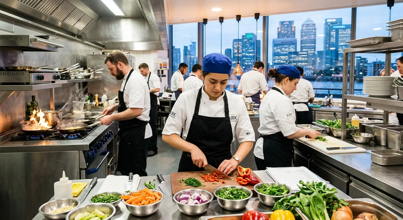 A dynamic, professional kitchen scene in a modern Canary Wharf restaurant or hotel, featuring a Commis Chef in action prepping fresh ingredients. Bright, clean, and energetic mood, highlighting teamwork and skill.