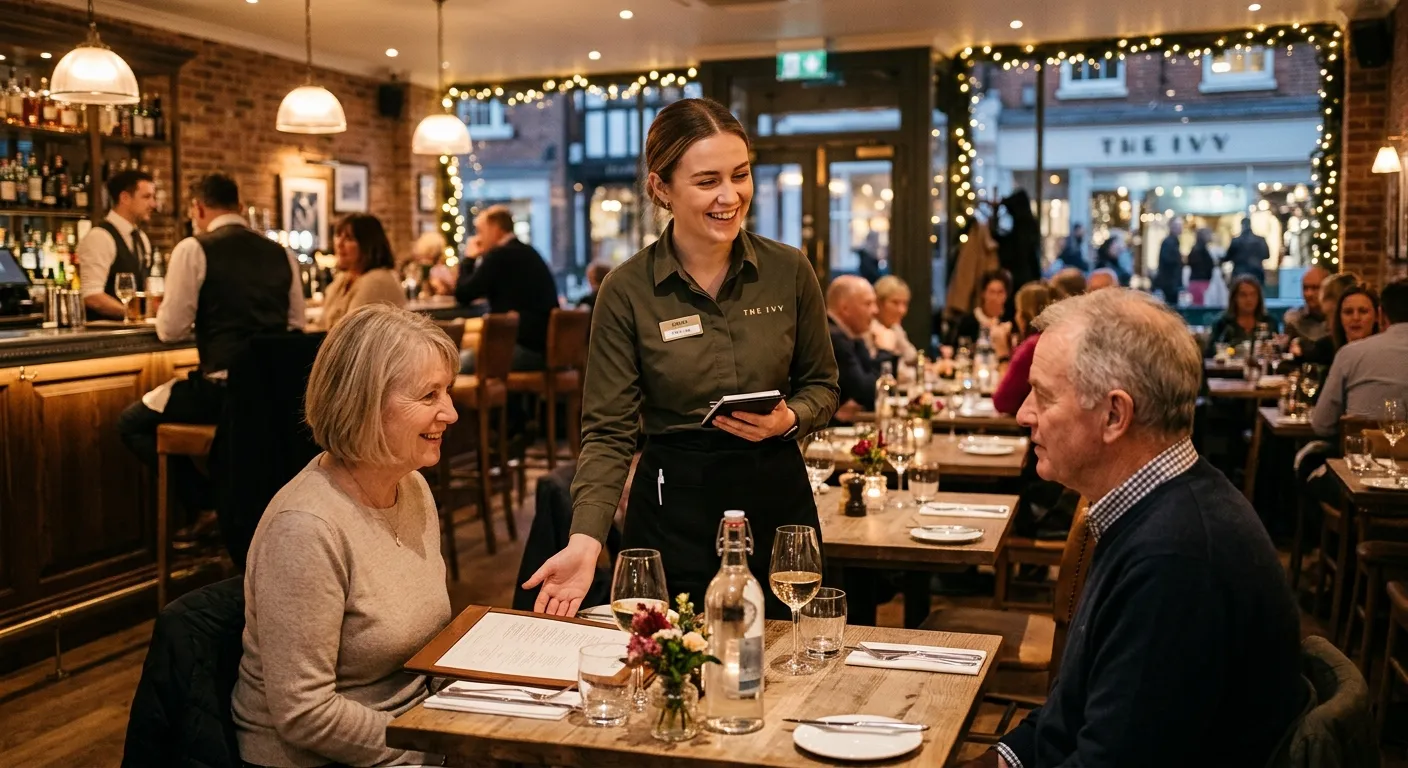Professional, welcoming image of a Restaurant Assistant in a smart, modern Guildford restaurant sett... Professional, welcoming image of a Restaurant Assistant in a smart, modern Guildford restaurant setting, smiling while assisting guests. Warm, inviting lighting.