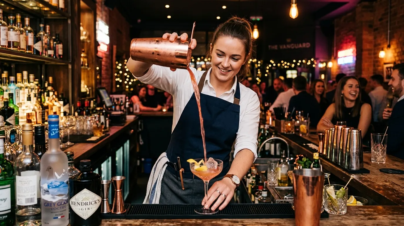 A dynamic, professional hero image showing a skilled mixologist in a vibrant Birmingham cocktail bar, mid-pour, with a blurred background of a busy, upscale venue. Warm, inviting lighting, professional attire. Style: Modern, high-energy hospitality photography.