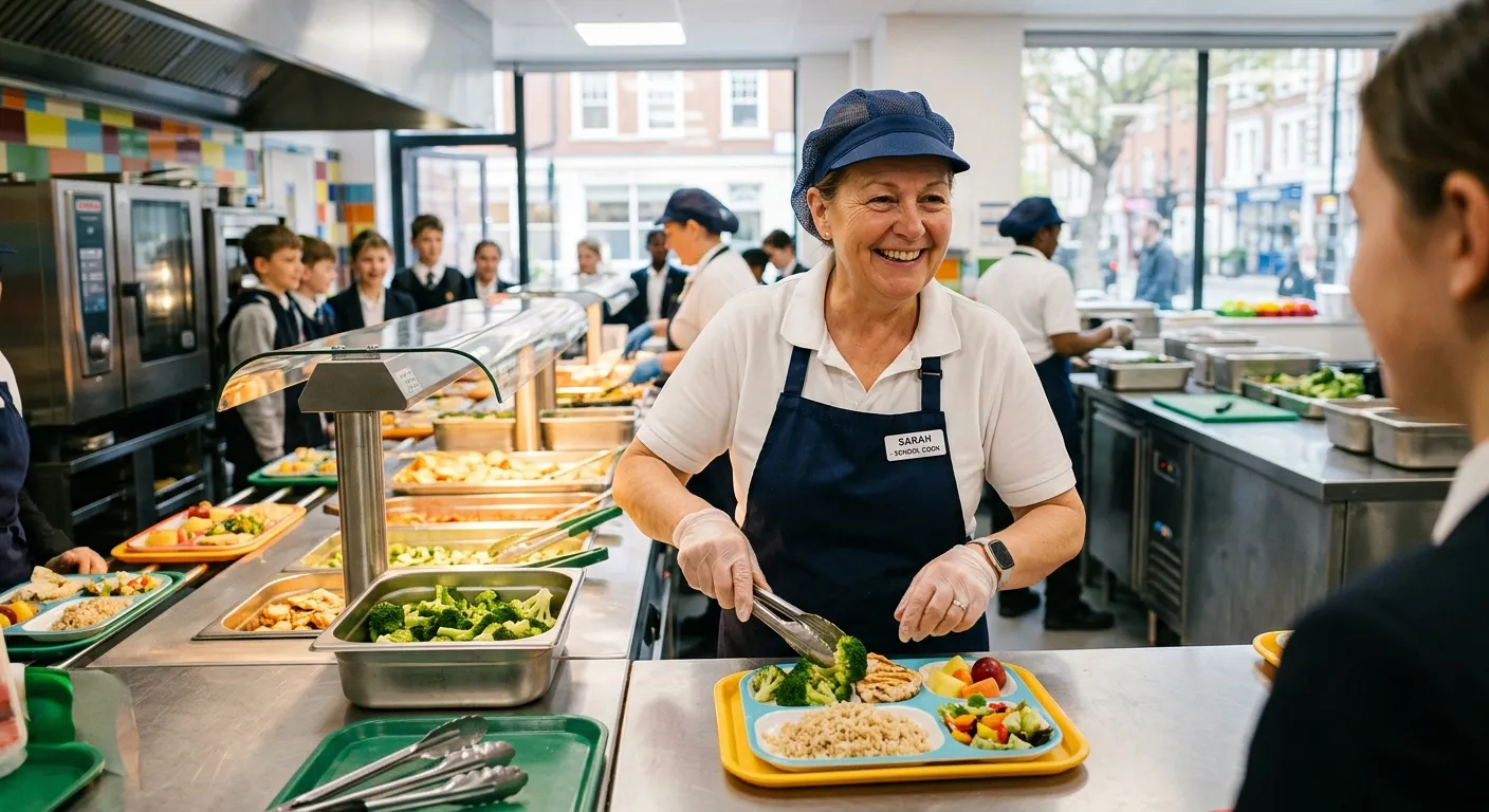 Professional photo of a School Cook in a bright, modern school kitchen in Holborn, plating healthy meals for students. The cook is smiling, wearing a clean apron and hat. Style: Warm, authentic, and professional. Mood: Trustworthy and skilled.