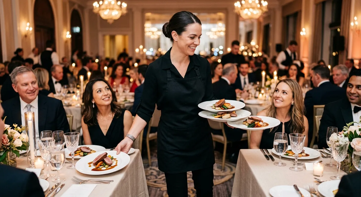 A professional, high-energy shot of an experienced waitress in a crisp uniform gracefully serving multiple plates at a high-end banquet. Warm, elegant lighting, focused on skill and efficiency.