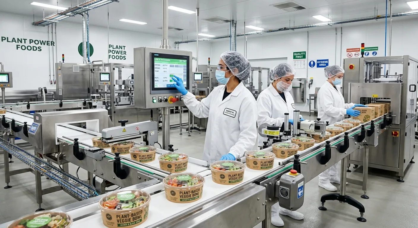 A modern, clean food production line focusing on plant-based product packaging, with staff in hygien... A modern, clean food production line focusing on plant-based product packaging, with staff in hygienic wear monitoring equipment