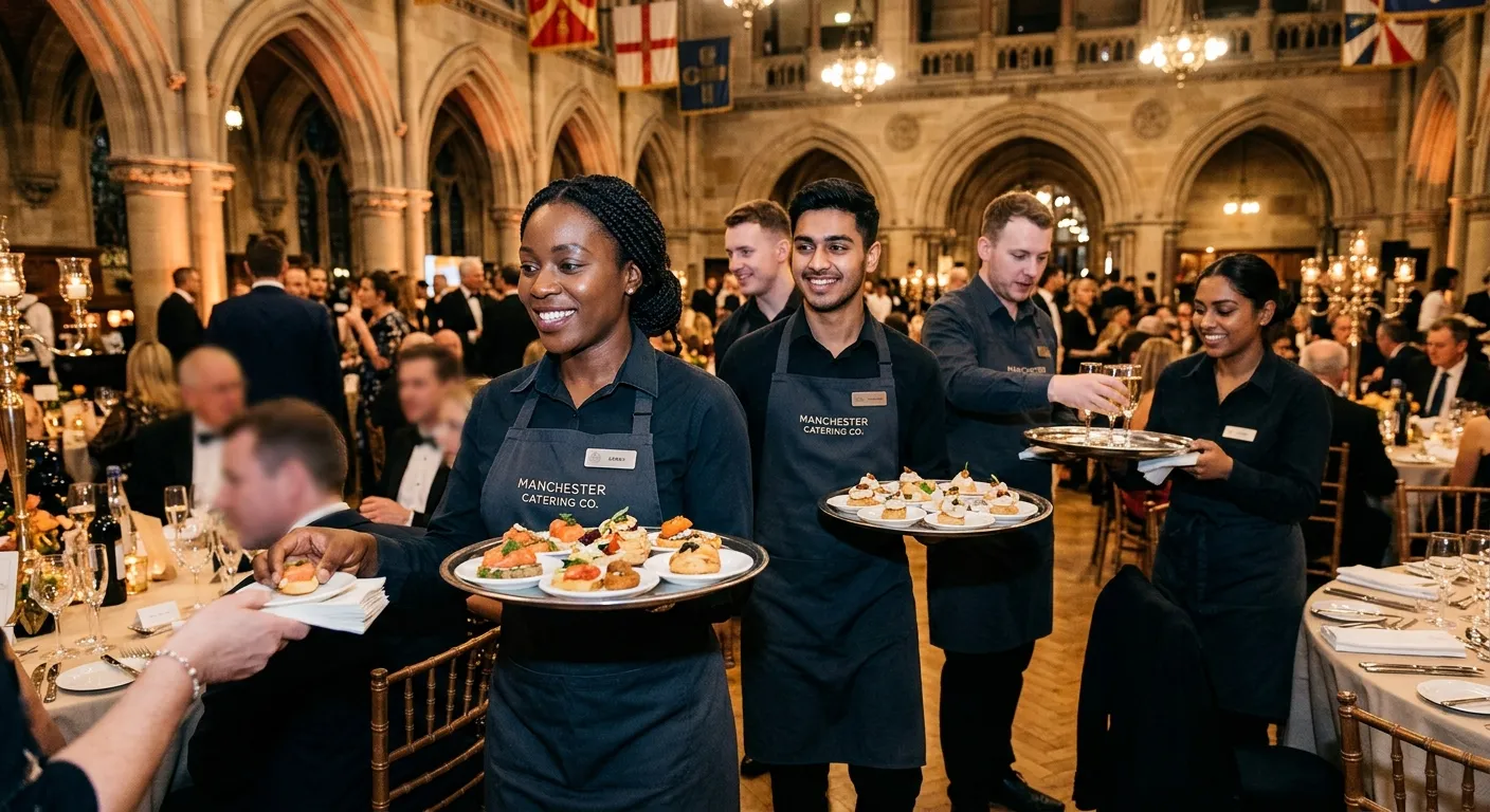 A dynamic, professional shot of a diverse team of catering staff in a high-end Manchester event venue, smiling and working seamlessly. The style is warm and inviting, with a focus on sharp details and a sense of bustling, efficient activity.