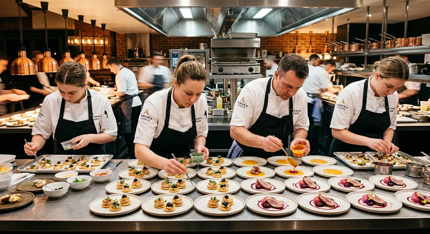 Professional catering team in a high-end event kitchen, wearing crisp uniforms, plating gourmet dish... Professional catering team in a high-end event kitchen, wearing crisp uniforms, plating gourmet dishes under warm pendant lighting. Style: Editorial, vibrant, professional. Mood: Efficient, upscale, collaborative.