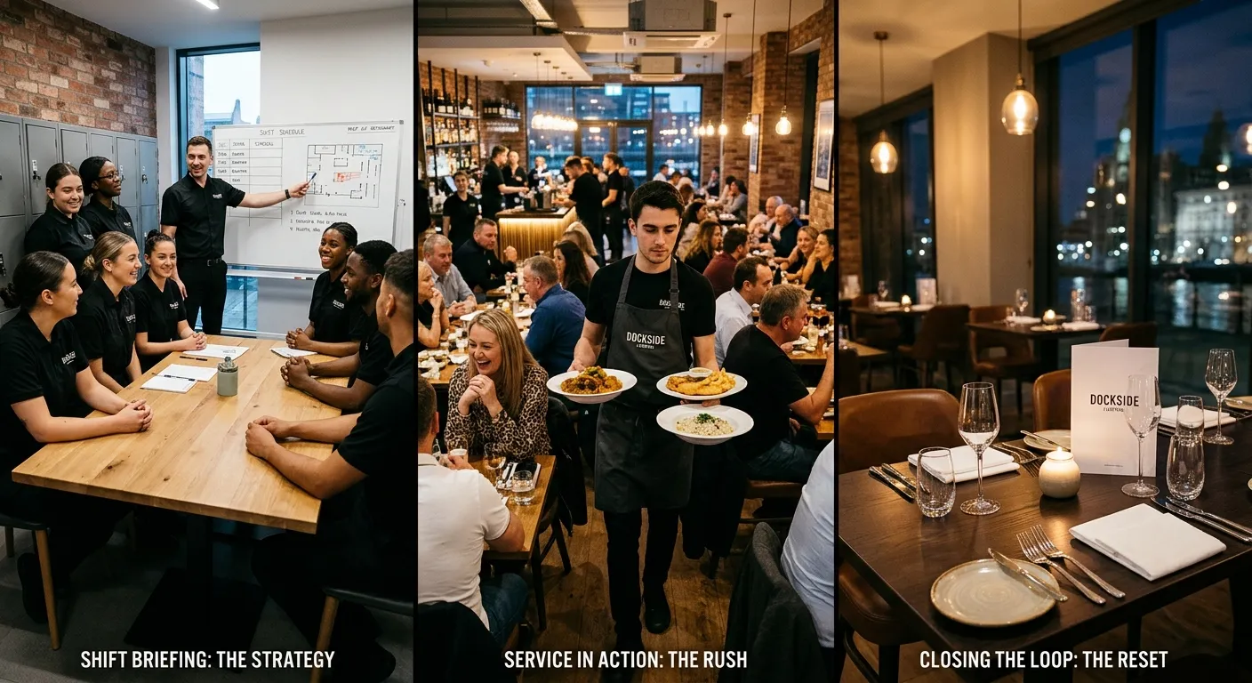 A dynamic, split-screen image showing three phases of a waiter's shift in a modern Liverpool restaurant: 1. A team briefing in a sleek staff room, 2. A waiter expertly carrying multiple plates through a vibrant, busy dining room, 3. A neatly reset table with polished cutlery under soft evening lighting.