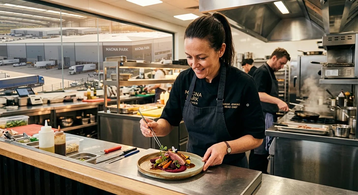 A professional Head Chef in a modern, bustling kitchen at a Magna Park logistics hub, confidently plating a dish. Warm, bright lighting, emphasis on skill and precision.