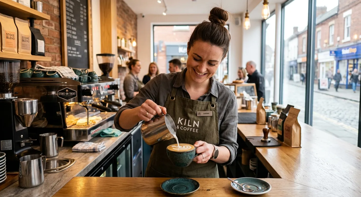 A professional, welcoming barista in a modern cafe in Stoke-on-Trent, expertly pouring latte art into a ceramic cup. The mood is warm, skilled, and focused, with a clean, bright background typical of a high-street coffee shop.
