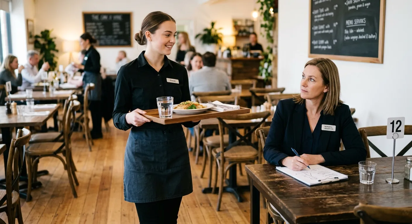 A professional recruiter interviewing a waitress candidate in a mock restaurant setting, evaluating... A professional recruiter interviewing a waitress candidate in a mock restaurant setting, evaluating posture and tray carrying technique.