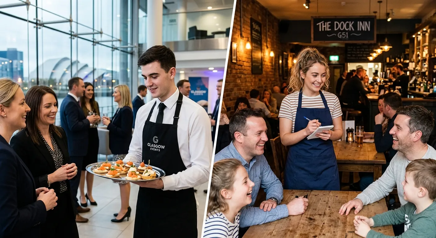A dynamic split-image showing two contrasting Glasgow G51 hospitality scenes. On the left, a waiter in a crisp white shirt professionally serving canapés at a sleek corporate event in a modern venue like Pacific Quay. On the right, a friendly waitress in a casual apron smiling while taking an order in a warm, bustling family-run gastropub with exposed brick walls.
