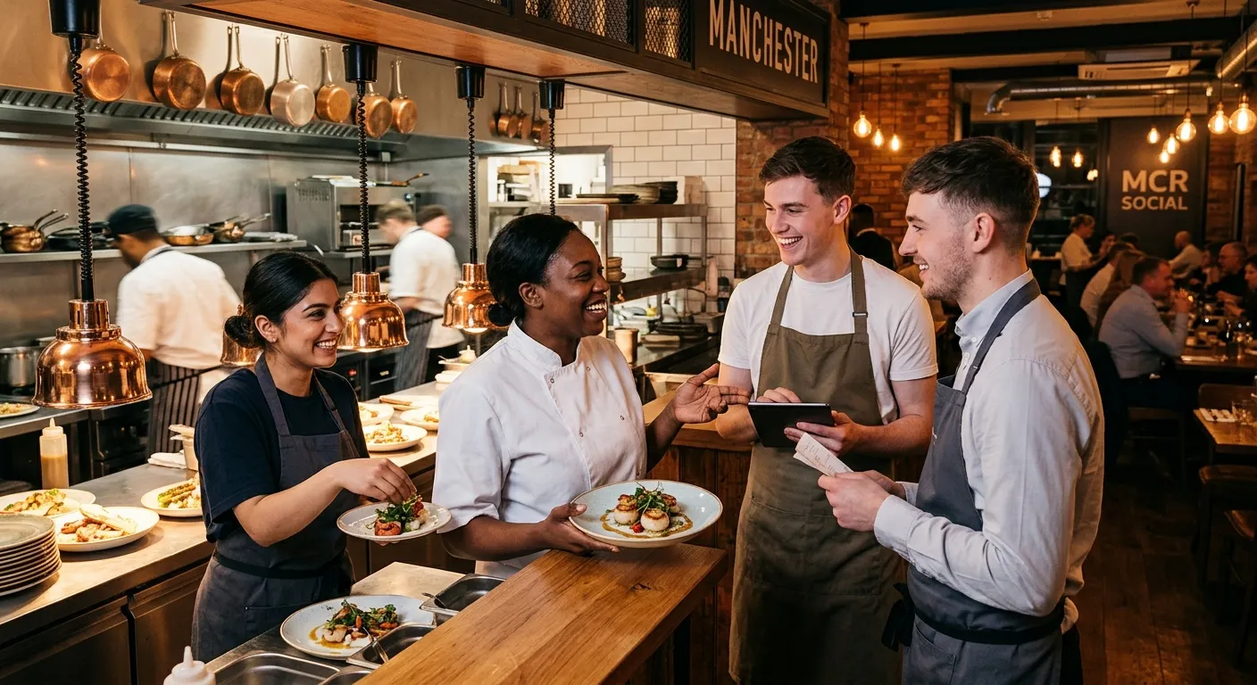 A dynamic, professional photo of a diverse team of hospitality staff in a modern Manchester restaurant kitchen and dining area, smiling and collaborating. Warm, inviting lighting, focus on team interaction.