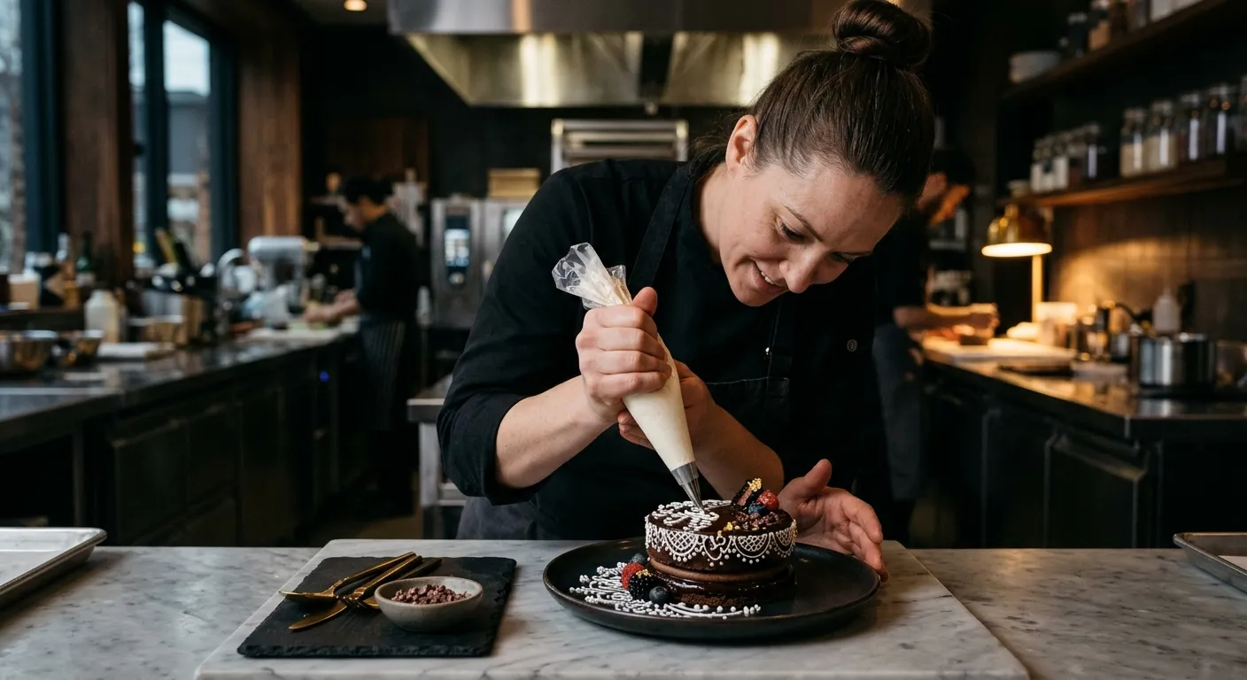 A professional, high-end pastry chef meticulously piping intricate designs on a dessert in a bright, modern kitchen. Moody lighting, focus on skilled hands and artistic presentation.
