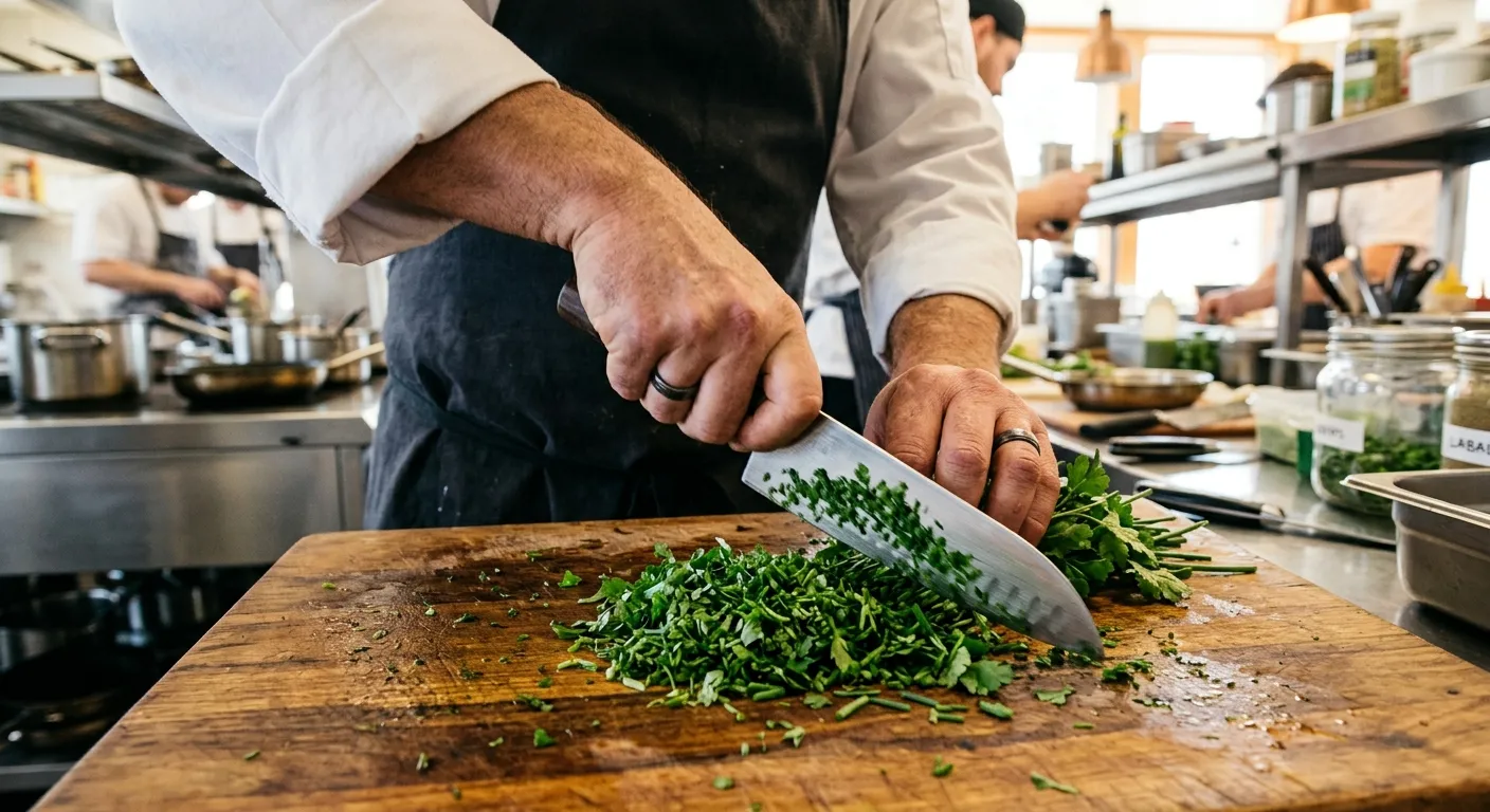 A chef's hands finely chopping a pile of fresh herbs on a wooden board in a bright, professional kitchen