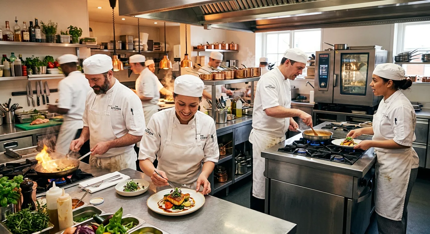 A modern, professional kitchen scene with chefs in crisp whites working collaboratively. The image s... A modern, professional kitchen scene with chefs in crisp whites working collaboratively. The image should be vibrant, high-contrast, and convey a sense of busy, efficient hospitality. Style: Professional photography with warm lighting.