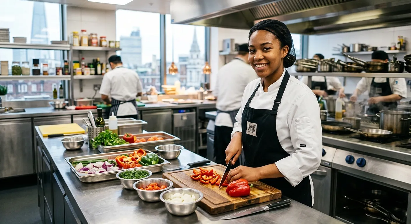 Professional, vibrant photo of a Kitchen Assistant in a modern, clean commercial kitchen in London, wearing chef whites, preparing fresh ingredients on a stainless steel worktop. The mood is energetic, professional, and welcoming.