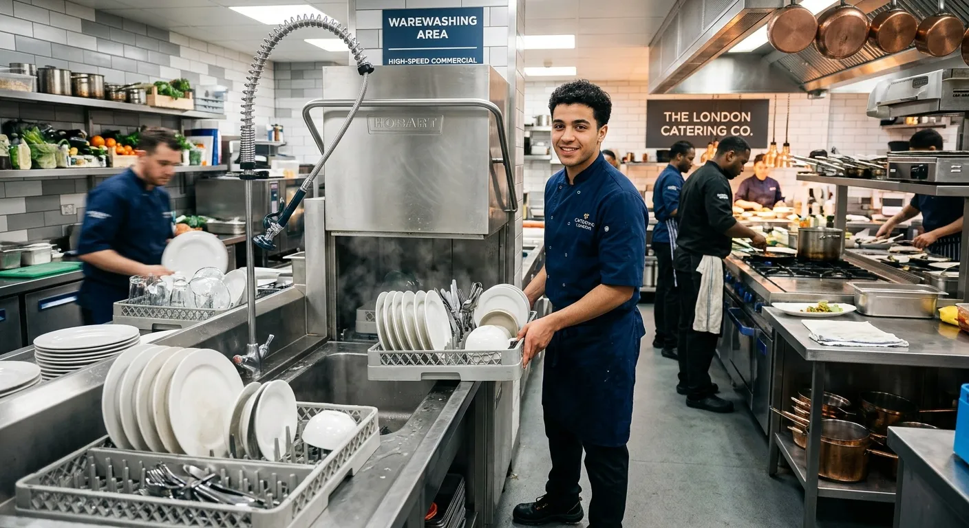 A dynamic, professional kitchen scene in a high-end London catering venue. A Kitchen Porter in a clean chef's jacket is efficiently loading a commercial dishwasher, with a bustling, well-organised kitchen in the background. The mood is professional, energetic, and welcoming.