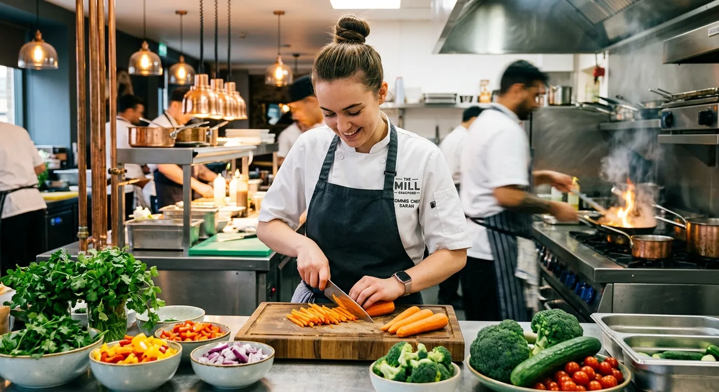 A professional, dynamic shot of a Commis Chef meticulously preparing vegetables in a clean, modern Bradford restaurant kitchen. Style: Warm, aspirational, high-energy mood. Focus on fresh ingredients and professional action.