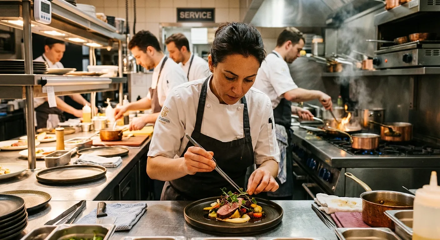 A professional, high-energy kitchen scene. A focused Sous Chef in crisp whites is plating a dish, with a bustling team in the background. Warm, vibrant lighting highlights the precision and skill. Mood: Dynamic, Professional, High-Standards.