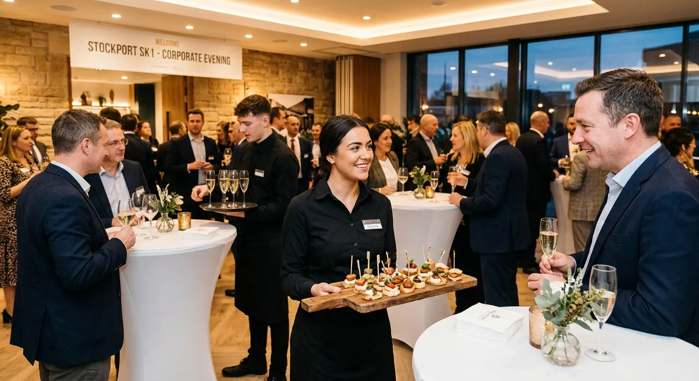 A bright, welcoming Stockport SK1 event catering scene with smartly dressed Event Catering Staff serving canapés and drinks at a corporate evening event, warm lighting, clean tables, professional hospitality atmosphere, modern local venue feel
