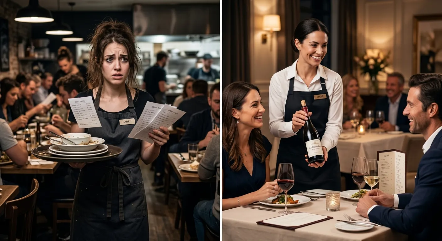 A split-image graphic. Left side shows a stressed waitress looking confused in a busy, disorganized restaurant. Right side shows a confident, smiling waitress expertly presenting a bottle of wine to delighted guests in an elegant setting.