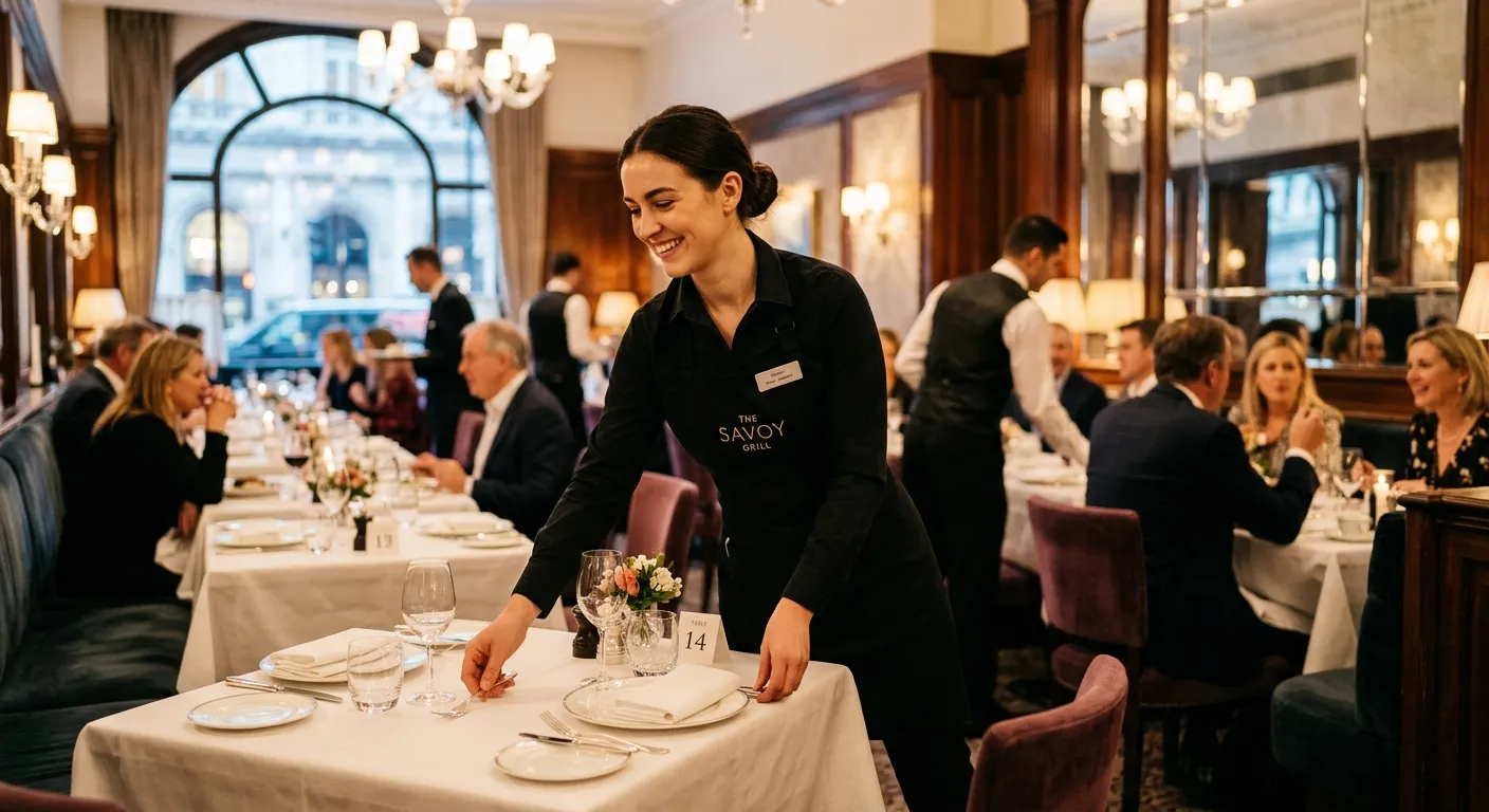 A dynamic, professional photo of a Restaurant Assistant in a high-end West End London restaurant, sm... A dynamic, professional photo of a Restaurant Assistant in a high-end West End London restaurant, smiling while setting a table or assisting a guest. The background should show the elegant, bustling atmosphere of a London dining room. Style: professional, warm, inviting. Mood: energetic and polished.