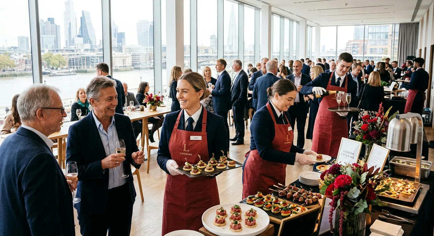 Modern London catering team serving guests at a bright event, professional staff in clean uniforms, warm crimson accents, editorial hospitality style, high-contrast and welcoming