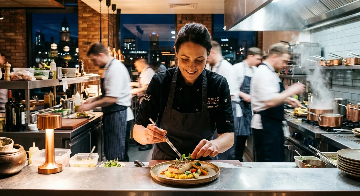 A professional, high-energy photograph of a Head Chef in a modern, bustling kitchen in Leeds, confid... A professional, high-energy photograph of a Head Chef in a modern, bustling kitchen in Leeds, confidently plating a dish. The style is vibrant and aspirational, showcasing the pace and creativity of a professional kitchen.