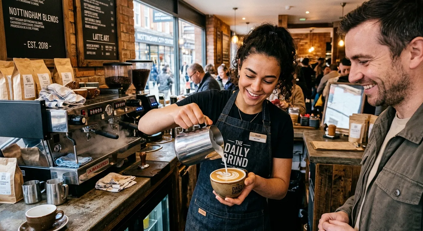 A professional, energetic Barista in a modern Nottingham city centre coffee shop, expertly pouring l... A professional, energetic Barista in a modern Nottingham city centre coffee shop, expertly pouring latte art. Style should be vibrant and realistic, showcasing a friendly interaction with a customer. Mood: Professional, welcoming, fast-paced.