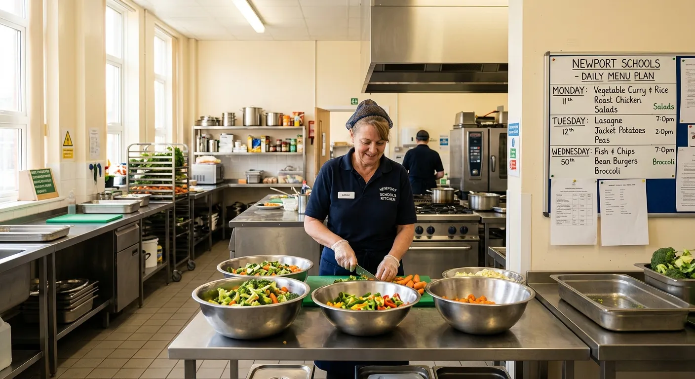A well-lit school kitchen in Newport, showing a cook in uniform efficiently preparing large batches of vegetables in stainless steel bowls, with a menu plan visible on the wall.