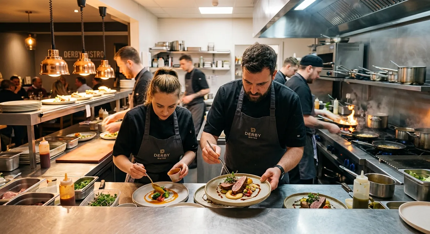 Professional, dynamic shot of chefs in a busy, modern Derby restaurant kitchen, plating gourmet dishes. Warm, inviting lighting with a focus on skill and teamwork.