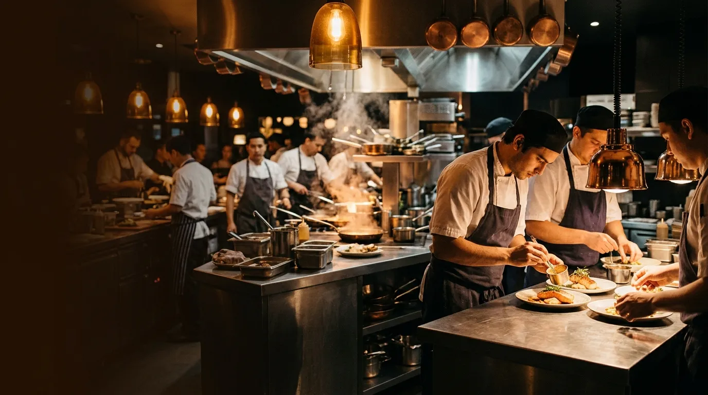A warm, high-resolution hero image of a busy professional restaurant kitchen at night, chefs in white and black uniforms plating dishes under amber lights, steam rising, modern stainless steel surfaces, cinematic hospitality mood, shallow depth of field, text-safe dark overlay on the left side.