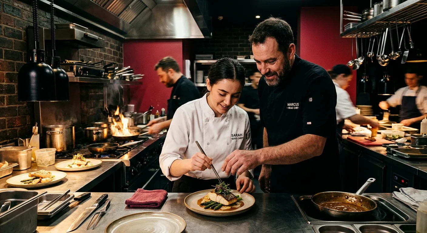 A modern professional kitchen scene showing a head chef mentoring a sous chef during service, warm crimson accents, cinematic lighting, high-contrast editorial style