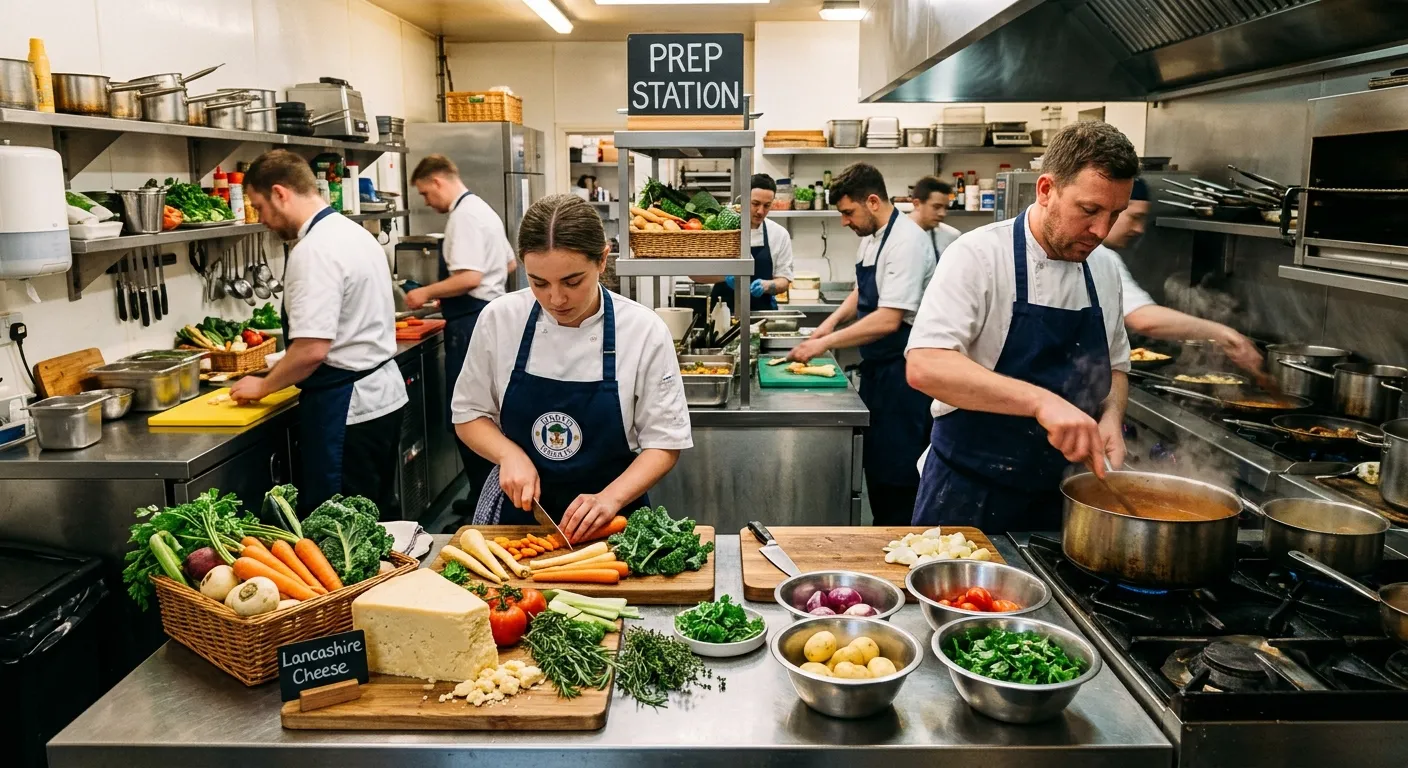 A vibrant, professional photo of a bustling Wigan restaurant kitchen during prep time, showcasing local produce like Lancashire cheese and seasonal vegetables on the counter, chefs in action.