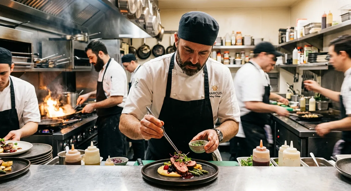 A professional, high-energy kitchen scene. A skilled chef in crisp whites is plating a dish with pre... A professional, high-energy kitchen scene. A skilled chef in crisp whites is plating a dish with precision, with other busy kitchen staff in the background. The mood is dynamic, efficient, and high-quality.